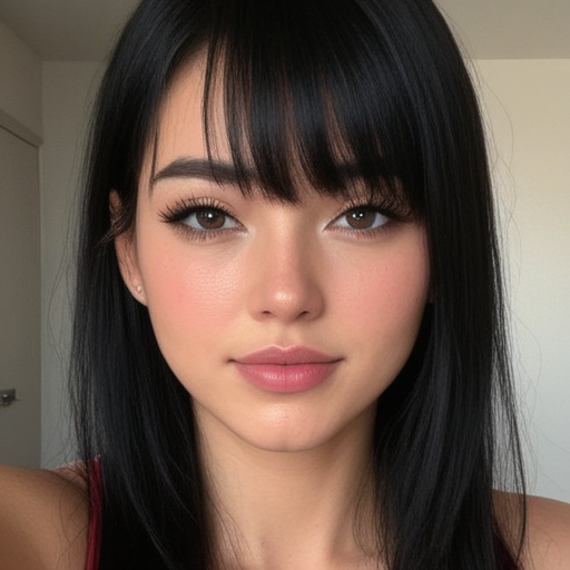Photorealistic portrait of a woman with long straight black hair, side-swept bangs, natural makeup, warm tones, and soft indoor lighting creating a calm and elegant mood