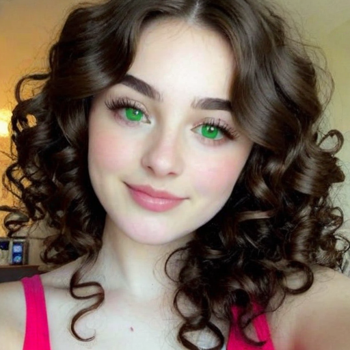 Photorealistic Portrait of a Woman with Voluminous Curly Brown Hair and Striking Green Eyes in Pink Top, Soft Lighting, Warm Mood