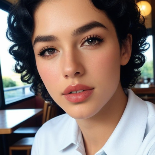 Photorealistic Portrait of an Elegant Woman with Curly Hair in a Cozy Restaurant, Soft Natural Lighting, Warm Tones, Confident Expression, Close-Up Composition