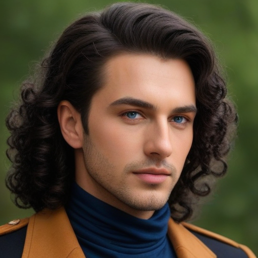 Photorealistic Portrait of Handsome Man with Long Curly Dark Hair Wearing Blue Turtleneck and Brown Coat in Natural Outdoor Setting, Serene Mood and Professional Studio Lighting