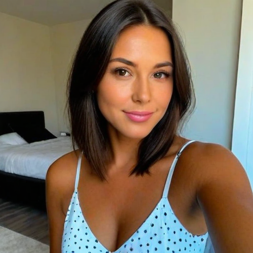 Portrait of a woman in a light blue polka dot dress with a bedroom background, natural lighting, warm and confident mood