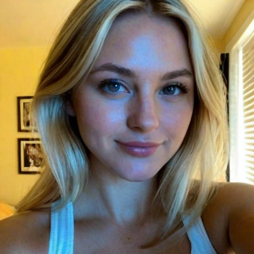 Photorealistic close-up portrait of a woman with blonde hair in a warm-lit room featuring natural lighting, white tank top, and soft focus background with framed photos and window blinds