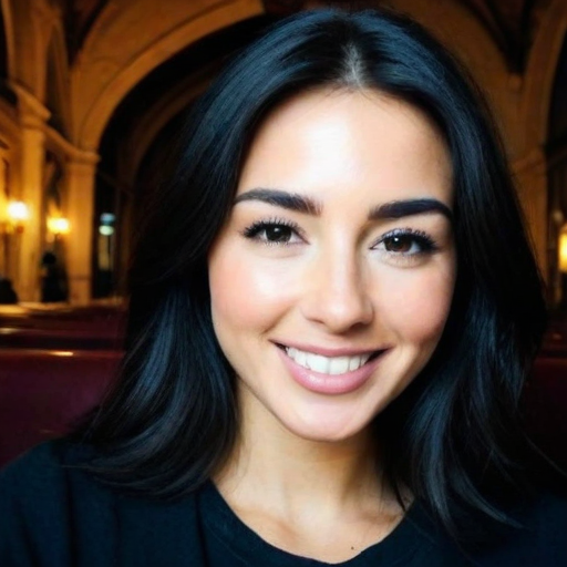 Photorealistic portrait of a smiling woman with long dark hair in a historic archway setting featuring warm lighting and elegant indoor architecture