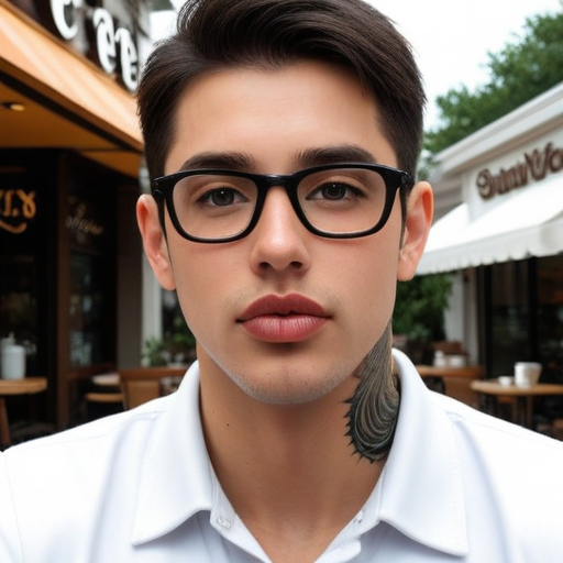 Photorealistic portrait of a young man with neck tattoo wearing a white shirt standing outdoors near a café with greenery and seating