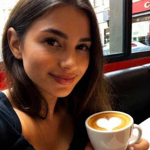 Portrait of a smiling woman holding a latte with heart-shaped foam in a cozy café setting with natural lighting and warm tones, candid photography style