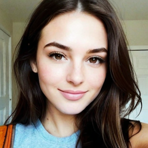 Portrait of a woman with long brown hair wearing a light blue top, natural makeup, warm indoor lighting, casual style in a home setting