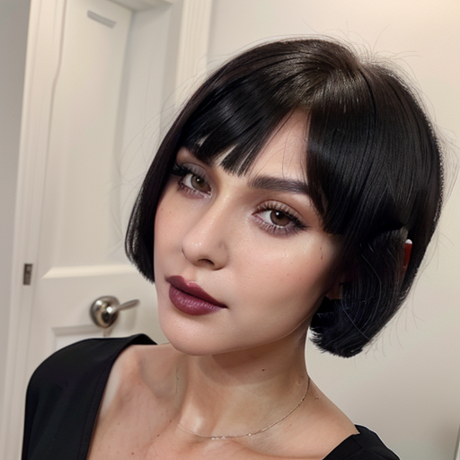 Portrait of a woman with sleek black bob haircut and bold makeup in a photorealistic close-up photograph featuring neutral tones and elegant composition
