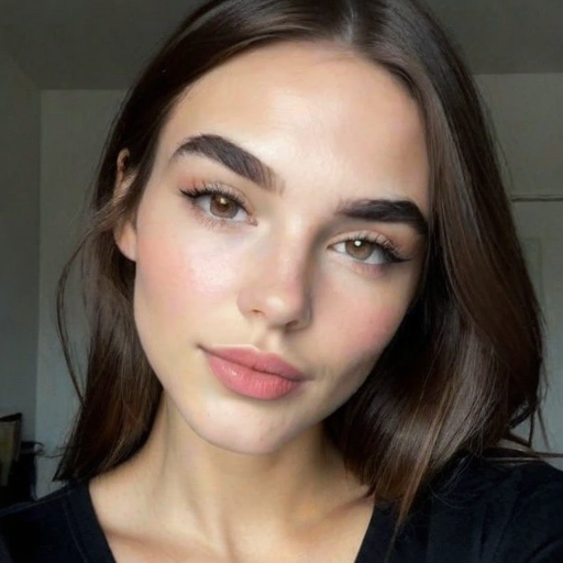 Photorealistic Portrait of a Woman with Natural Makeup, Brown Hair, and Soft Lighting in a Minimalist Setting, Showcasing Beauty and Confidence