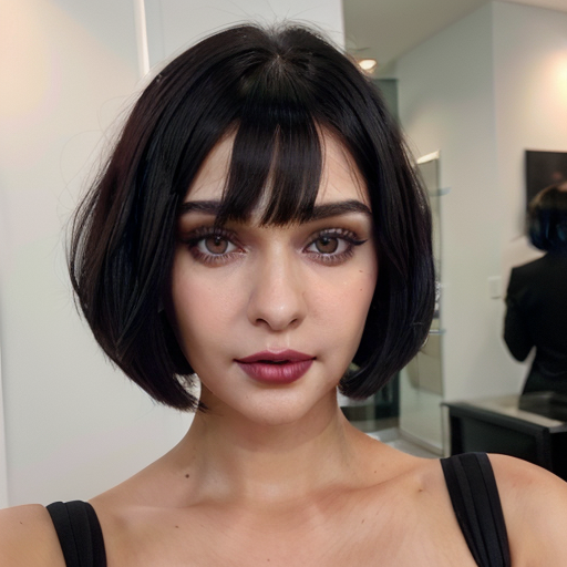 Photorealistic Portrait of a Woman with Short Black Bob Haircut and Bold Makeup in Modern Salon Setting with Natural Lighting