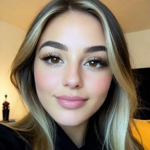Photorealistic portrait of a woman with blonde highlighted hair, soft pink makeup, and warm indoor lighting creating an elegant and natural beauty aesthetic