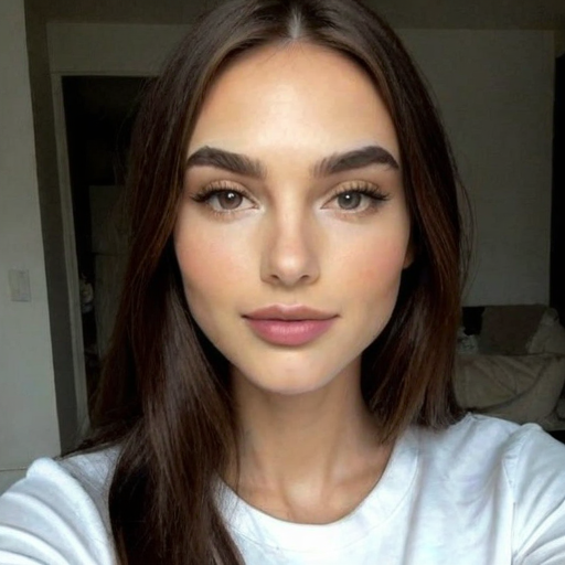Close-up Photorealistic Portrait of a Woman with Natural Makeup and Brown Hair in Soft Lighting, Capturing Calm and Confident Expression