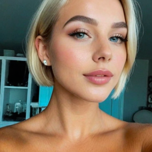 Close-up Photorealistic Portrait of a Woman with Short Blonde Hair, Winged Eyeliner, and Soft Blush Makeup in a Bright Home Interior Setting