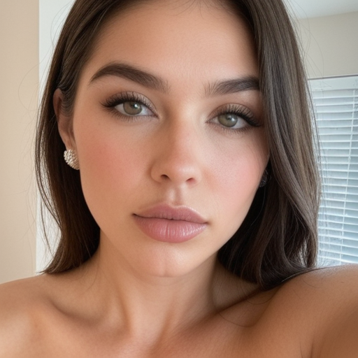Close-up portrait of a woman with dewy makeup, neutral skin tones, and soft natural lighting, showcasing elegant beauty in a minimalist indoor setting with subtle blush and defined eyebrows.
