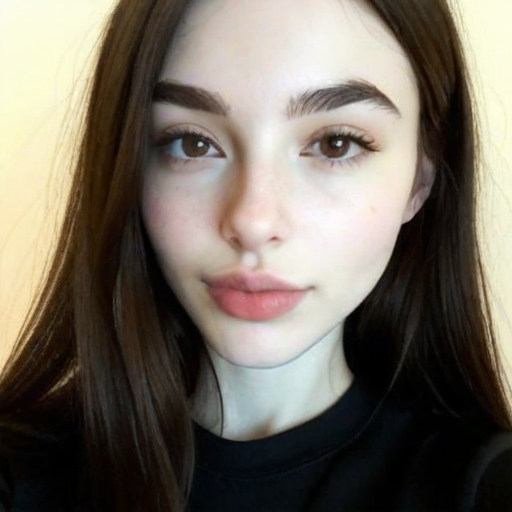Close-up portrait of a woman with long brown hair and natural makeup, soft lighting, photorealistic style, neutral background, calm and confident mood