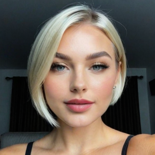 Close-up portrait of a woman with short blonde hair, soft makeup, and elegant hairstyle in a modern indoor setting, capturing a confident and serene mood with warm lighting and professional photography style