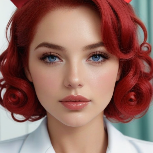 Elegant photorealistic portrait of a woman with vivid red curly hair, blue eyes, soft makeup, and vintage-inspired style in a bright studio setting