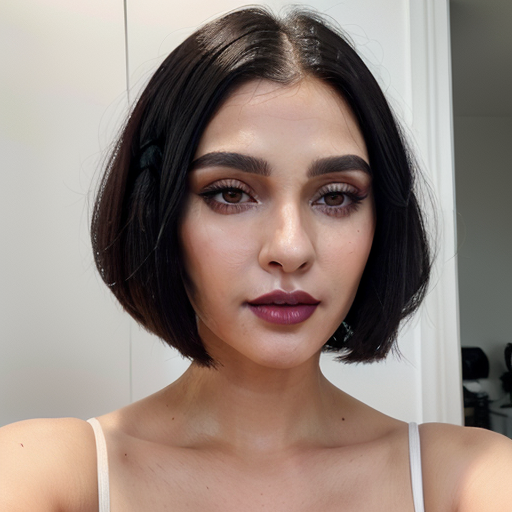 Elegant Portrait of a Woman Featuring Short Bob Hairstyle, Bold Dark Lip Makeup, and Subtle Eye Makeup in Soft Natural Lighting
