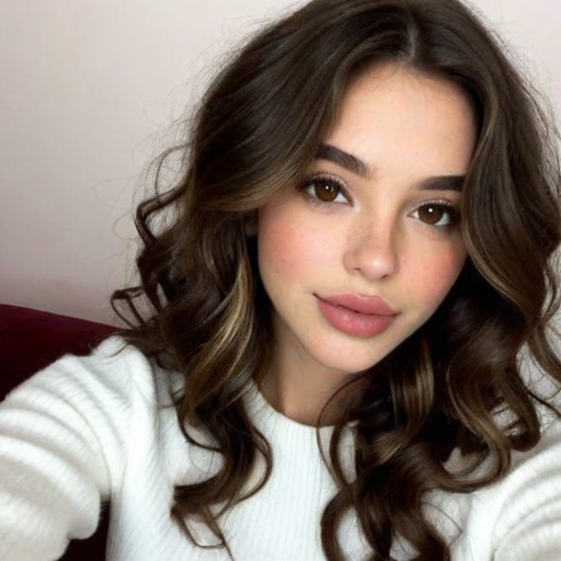 Elegant Portrait of a Woman with Long Wavy Brown Hair, Soft Matte Makeup, and Warm Skin Tone in White Sweater, Capturing a Natural and Serene Mood in a Photorealistic Style
