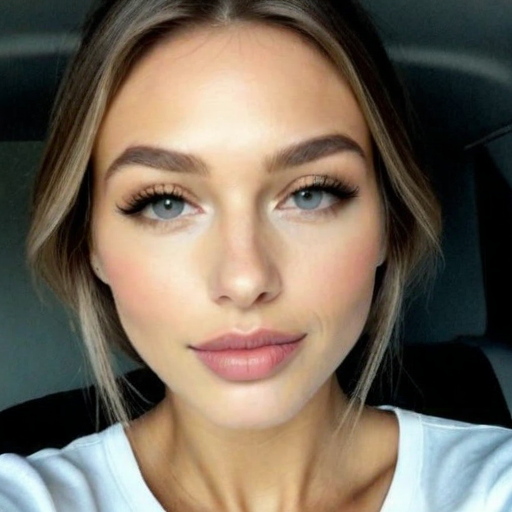 Natural Makeup Portrait of a Woman with Soft Eyeliner and Blush in Car Interior, Photorealistic Style with Calm Mood