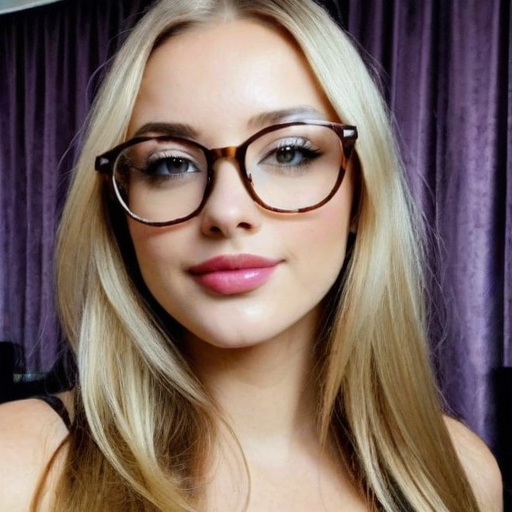 Photorealistic Portrait of a Confident Woman with Long Blonde Hair, Brown Glasses, and Pink Lipstick Against Purple Curtains, Capturing a Sophisticated and Elegant Mood