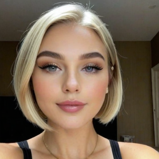 Photorealistic portrait of a woman with blonde bob hairstyle, dramatic makeup, soft indoor lighting, and elegant makeup details for beauty and fashion inspiration