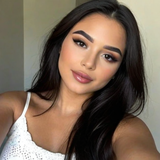 Photorealistic Portrait of a Woman with Long Dark Hair, Dramatic Winged Eyeliner, and Soft Makeup, Captured in a Natural Light Setting for a Glamorous and Confident Mood