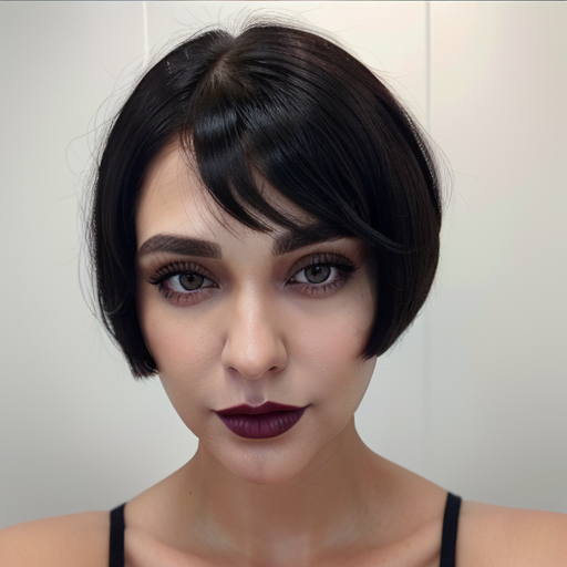 Photorealistic Portrait of a Woman with Short Black Bob Hairstyle, Bold Plum Lipstick, and Defined Eyebrows Against a Minimalist White Background