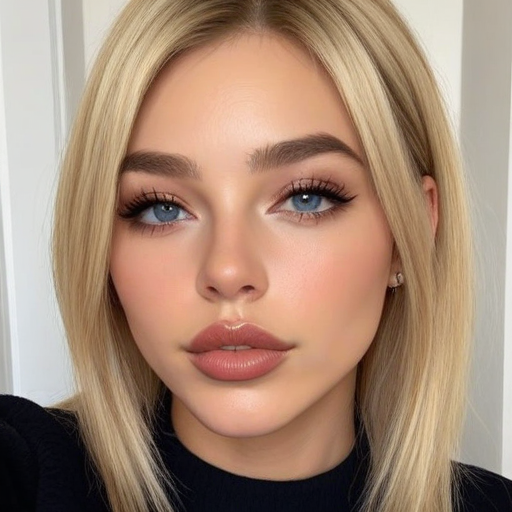 Stunning photorealistic portrait of a blonde woman with striking blue eyes, flawless makeup, and soft rose-pink lips, featuring warm lighting and elegant composition for beauty and fashion inspiration