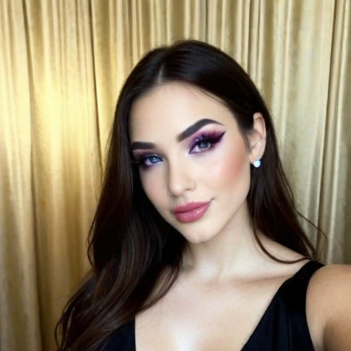 Stunning photorealistic portrait of a woman with vibrant purple eyeshadow and gold curtains backdrop, exuding elegant and sultry mood in close-up composition
