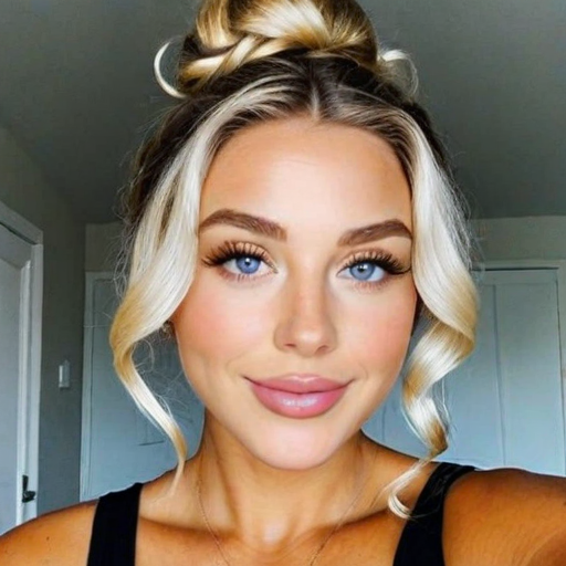 Stylish Selfie Portrait of a Woman with Blonde Highlighted Updo, Blue Eyes, and Natural Makeup in a Bright Indoor Setting