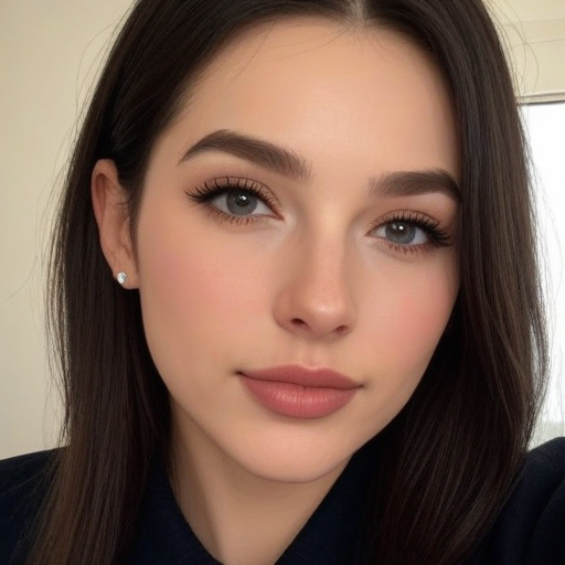 Beautiful portrait of a woman with flawless makeup, soft pink lipstick, long dark hair, and elegant earrings showcasing photorealistic beauty in warm tones and natural lighting