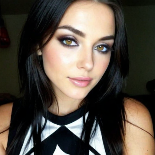 Close-up portrait of a woman with bold eye makeup, long dark hair, and a black and white geometric sleeveless top, showcasing confident beauty and professional lighting composition