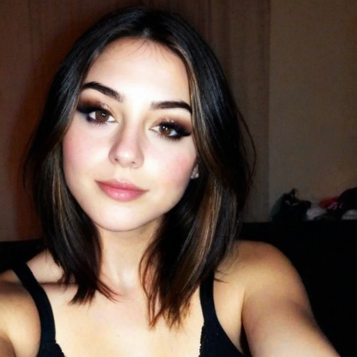 Close-up portrait of a woman with dark brown hair, dramatic winged eyeliner, soft pink lips, and black spaghetti strap top in warm soft lighting, capturing serene and confident mood for beauty and fashion enthusiasts