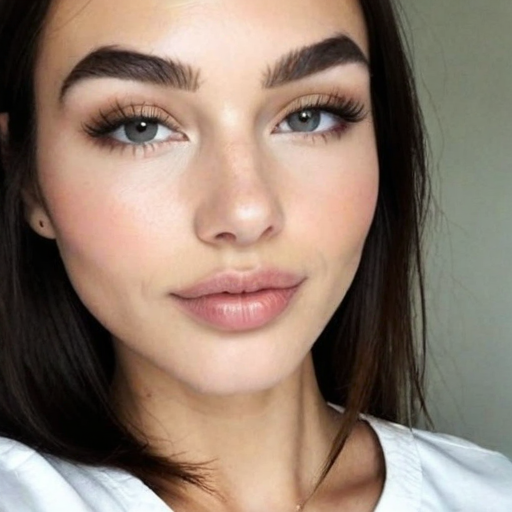 Close-up portrait of a woman with flawless makeup, soft natural lighting, and neutral tones, showcasing elegant beauty and serene expression