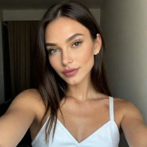Close-up portrait of a woman with long dark brown hair wearing a white spaghetti strap top, soft natural makeup, and neutral background creating an elegant, modern, and sophisticated aesthetic with balanced composition