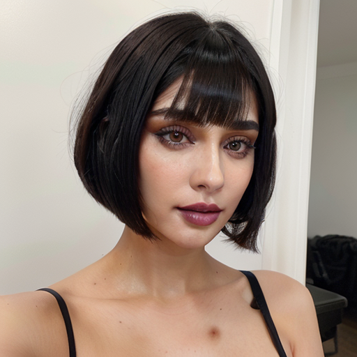 Close-up portrait of a woman with sleek black bob haircut and bold makeup, showcasing warm skin tones and professional studio lighting to create a confident, elegant mood