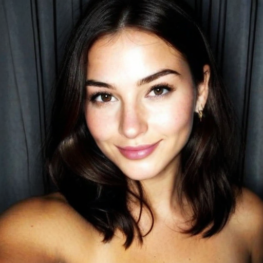 Close-up portrait of a woman with wavy dark brown hair, soft natural makeup, warm smile, and dark curtain background in a high-resolution photograph style