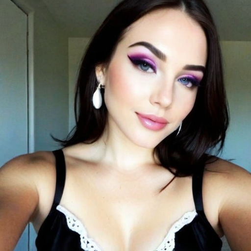 Glamorous Portrait of a Woman with Purple Eyeshadow and Black Velvet Lace Trim Top in Photorealistic Style, Confident Mood, Studio Lighting