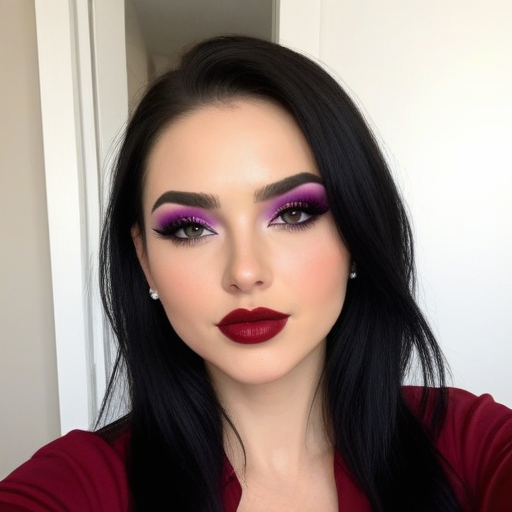 Glamorous Portrait of a Woman with Purple Eyeshadow and Bold Red Lipstick in Photorealistic Style
