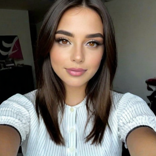 Photorealistic Close-Up Portrait of a Woman with Long Brown Hair Wearing a Light Blue Striped Button-Up Shirt in a Modern Indoor Setting with Soft Natural Lighting