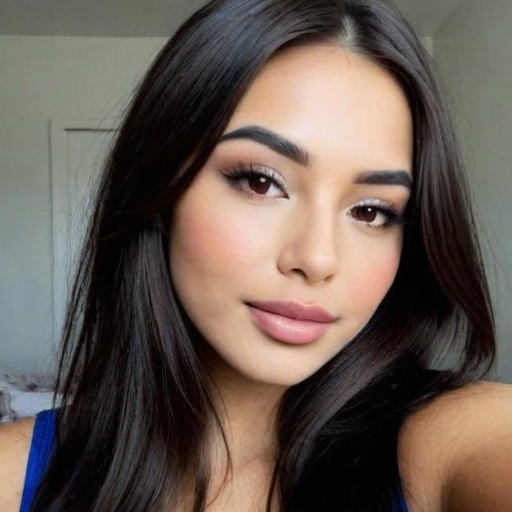 Photorealistic Close-Up Portrait of a Woman with Long Dark Hair, Blue Top, Professional Makeup, and Confident Expression for Stylish Aesthetic