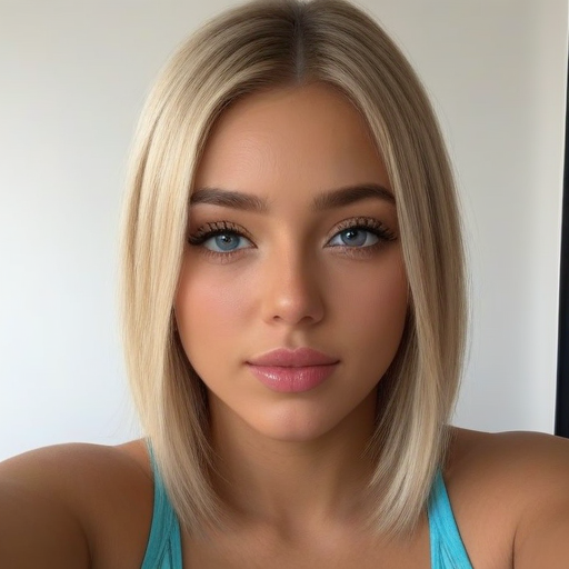 Photorealistic Portrait of a Woman with Long Blonde Hair, Blue Eyes, and Natural Makeup in Soft Lighting - Elegant Beauty and Serene Mood