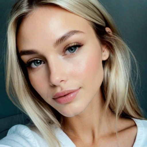 Photorealistic Portrait of a Woman with Long Blonde Hair, Soft Makeup, Warm Lighting, and Minimalist Background for Beauty and Fashion Photography