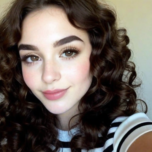 Photorealistic Portrait of a Woman with Voluminous Curly Brown Hair, Natural Makeup, and Warm Lighting | Elegant Beauty and Confident Expression