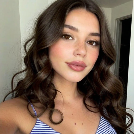 Portrait of Confident Young Woman with Long Wavy Brown Hair and Natural Makeup in Blue-White Striped Top, Photorealistic Close-Up Selfie with Warm Lighting and Soft Blush