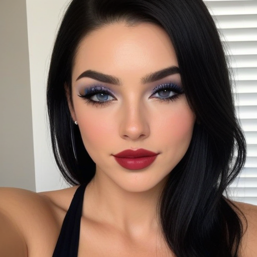 Stunning Photorealistic Portrait of a Woman with Bold Blue Eyeshadow and Rich Red Lipstick Makeup Under Natural Lighting, Capturing Elegant Beauty and Artistic Makeup Techniques
