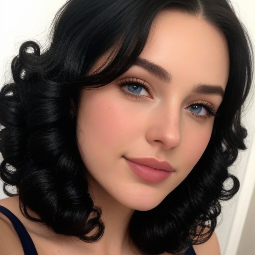 Stunning photorealistic portrait of a woman with voluminous black curly hair, soft pink makeup, bright blue eyes, and warm lighting exuding elegance and confidence in a close-up composition