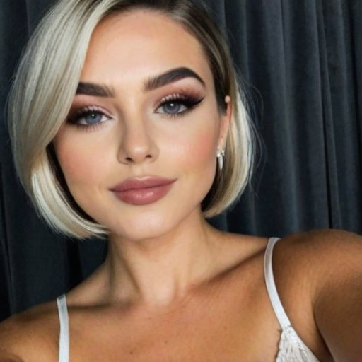 Stylish professional portrait of a woman featuring chic short blonde bob haircut, dramatic winged eyeliner, soft pink lipstick, and natural makeup tones captured in elegant studio lighting