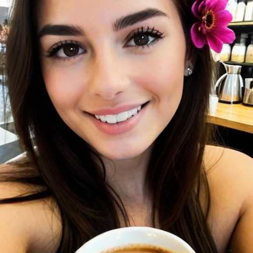 Beautiful portrait of a woman with pink flower in hair holding coffee cup in cozy café setting, warm lighting, bright smile, photorealistic photography style
