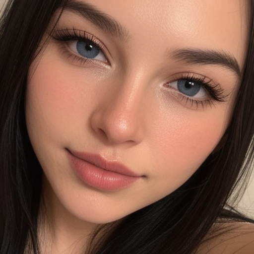 Close-Up Photorealistic Portrait of a Woman with Blue Eyes and Soft Pink Makeup, Serene Natural Beauty, Detailed Facial Features and Smooth Skin Texture